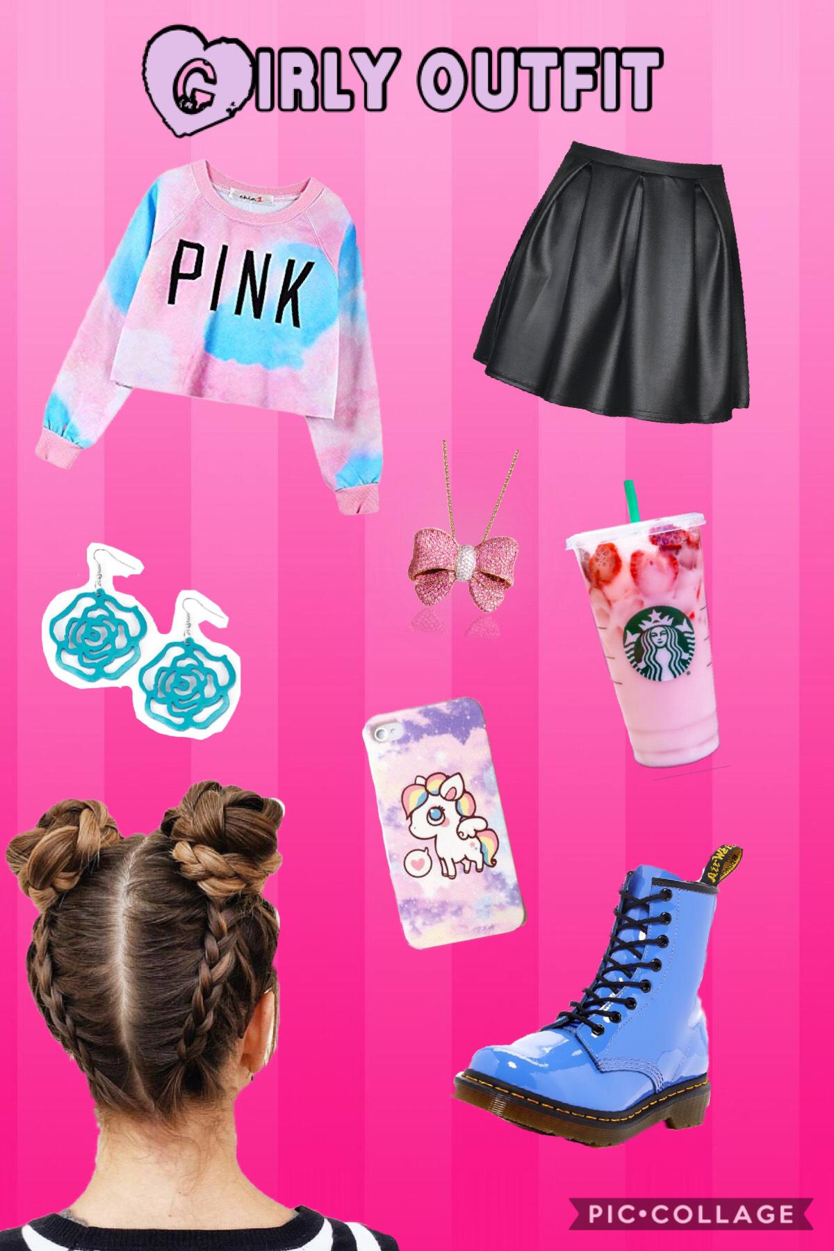 Girly outfit Tap
A pink cropped blue & pink shirt
Black leather skirt
Bow necklace
Pink drink
Blue rose earrings 
Unicorn phone case
Space buns
Blue boots