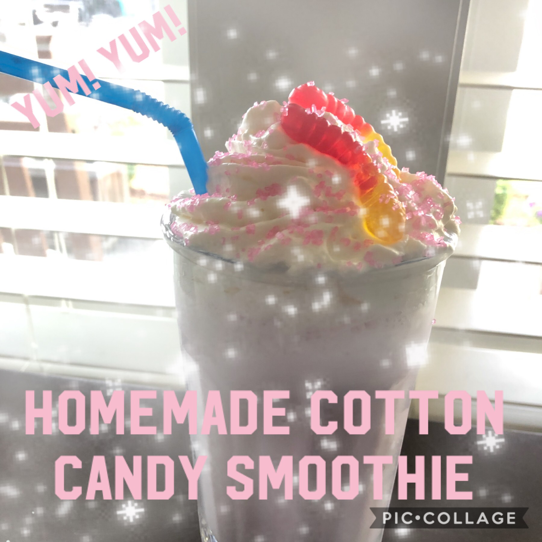 Cotton Candy Smoothie!
•add cotton candy ice cream to the blender
• add milk (optional)
•blend and put in cup
• add whipped cream and two gummy worms
• add pink sprinkles and a blue straw and enjoy!!!
