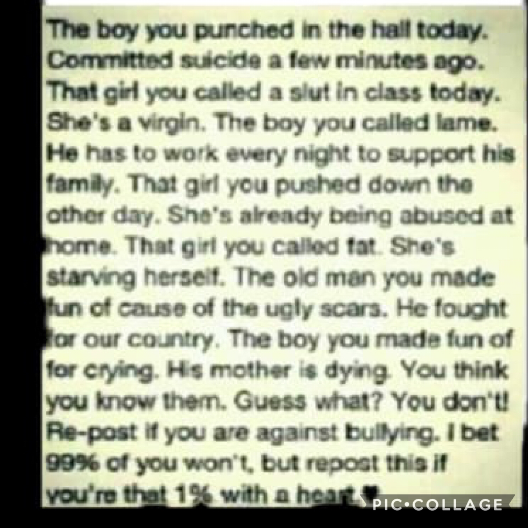 BULLYING NEEDS TO STOP TELL SOME ONE IF UR BEING BULLIED 