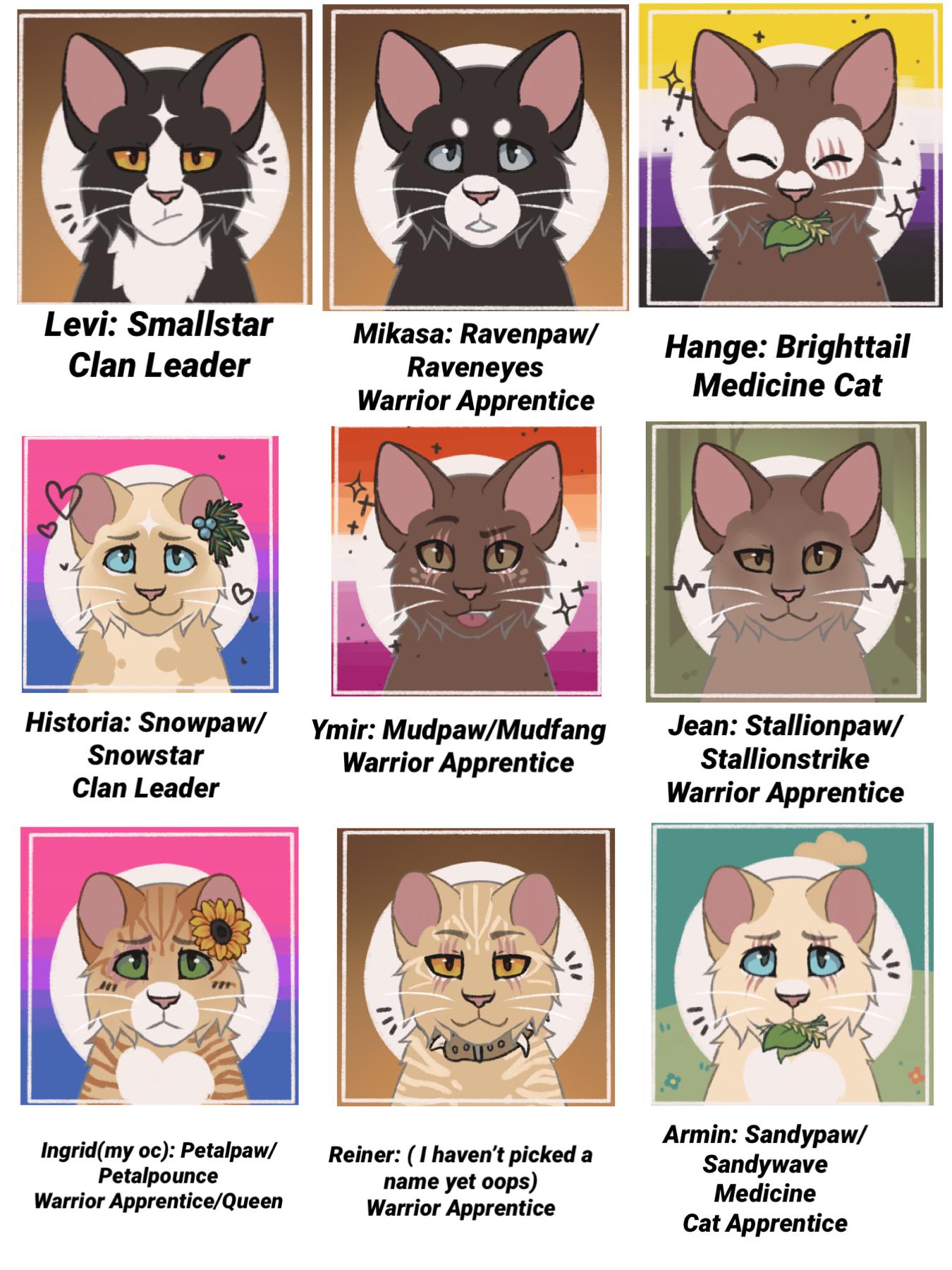 Aot characters as Warrior Cats! Credit goes to an online cat maker I found!