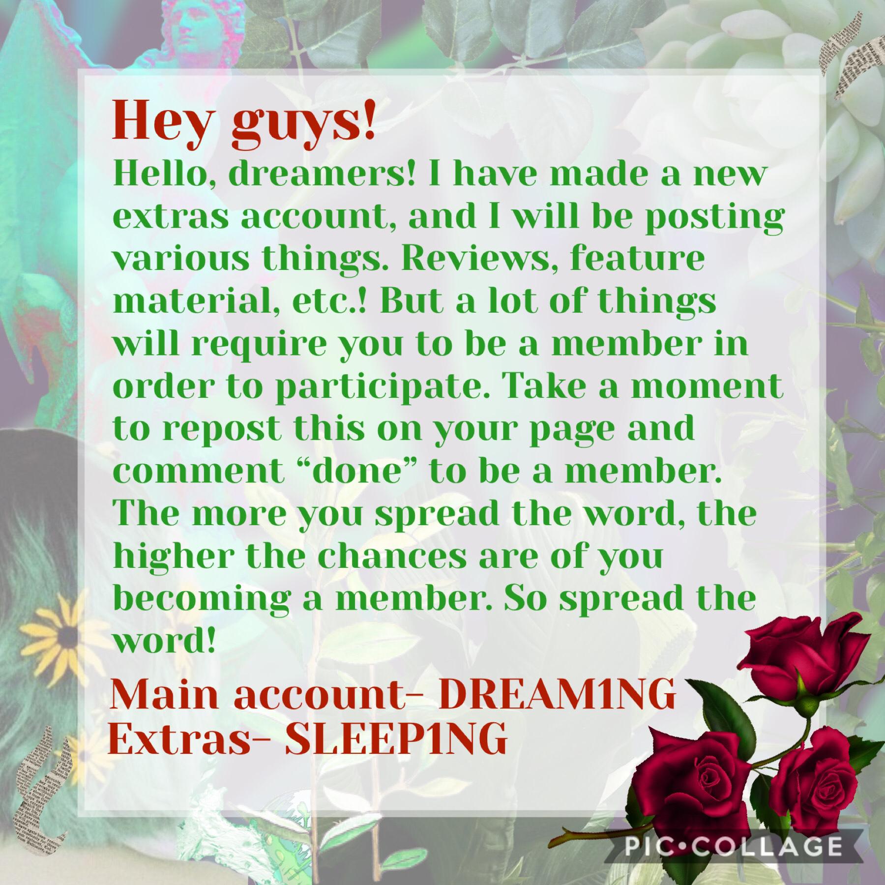 Hey! Extras account info!! Clickkkkkyyyyyyy
Along with “done”, it would also be helpful if you told me where you got the information about the account from. For example, if you saw this on my page, tell me “done, DREAM1NG”, but if you saw it on someone el
