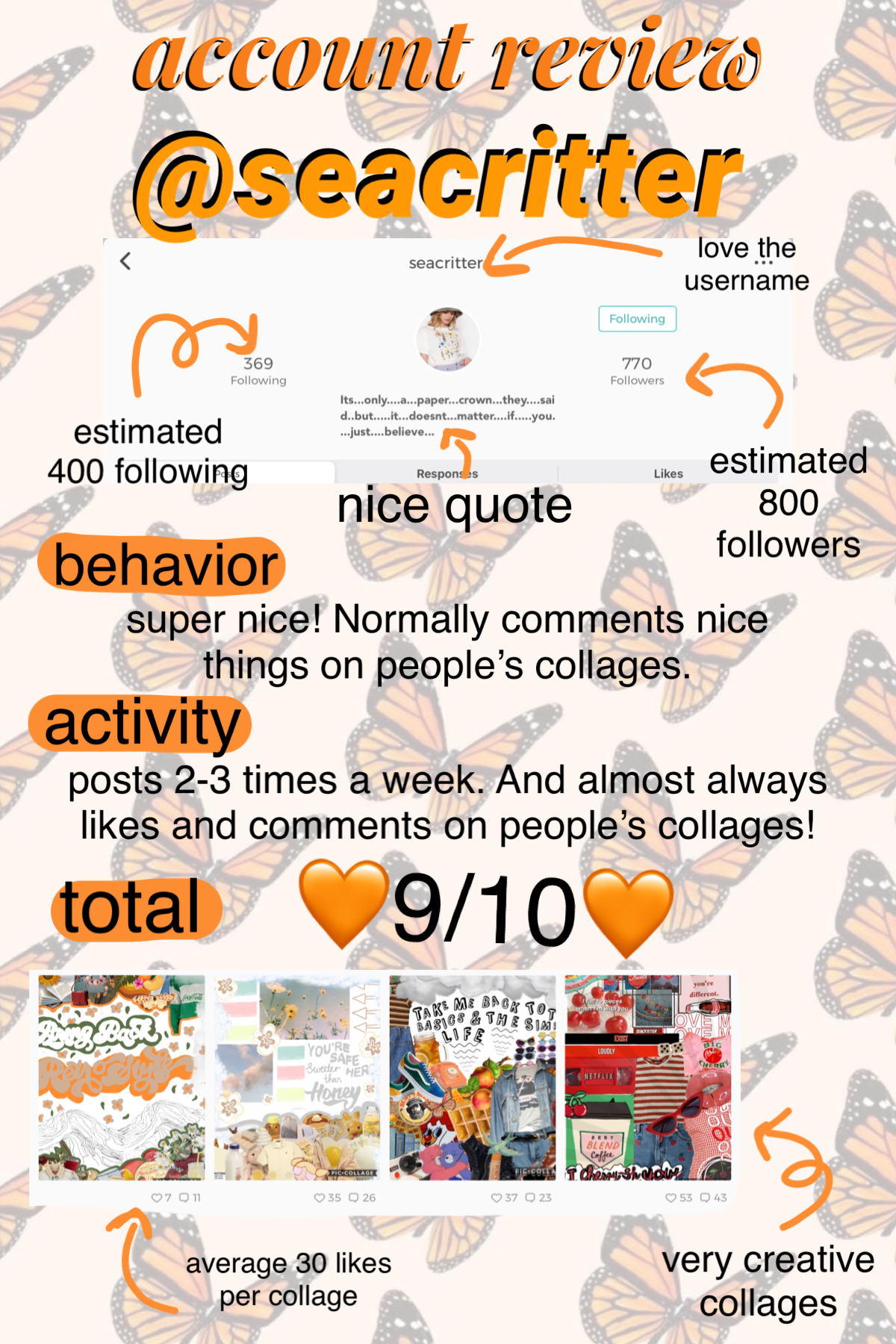account review for @seacritter! Congrats on getting 9/10 on my account review! Ur such a good friend!🧡