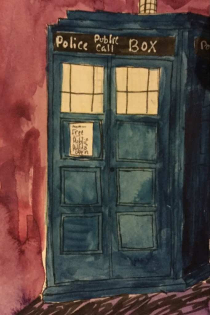 Click 
I did a weird tardis painting 
It took so long to do the lines and it looks bad 
It's Bc I didn't have a ruler and I move my paper a lot and the lines are all messed up ahhhh