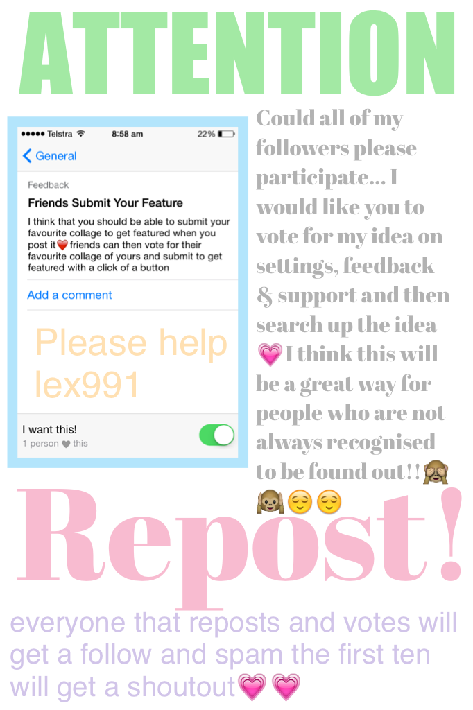 Repost!!❤️Everyone that reposts and votes will get a follow and spam💗💗☺️☺️