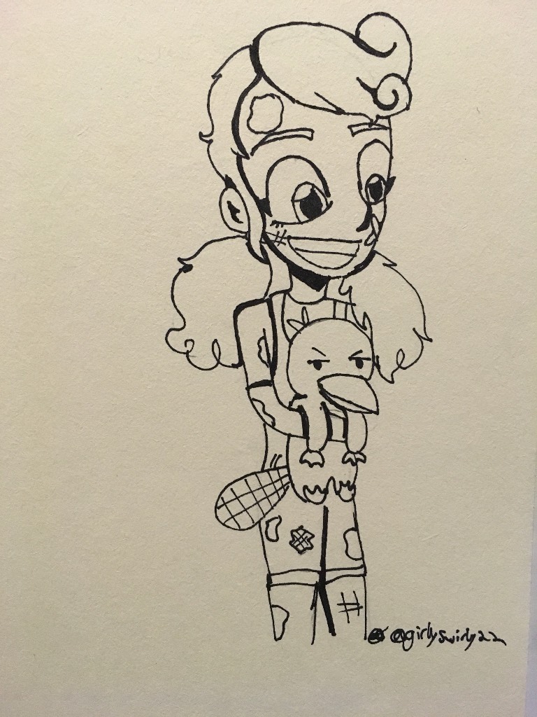 Inktober day 18 filthy. I drew Nikki from Camp Camp playing with the platypus. 