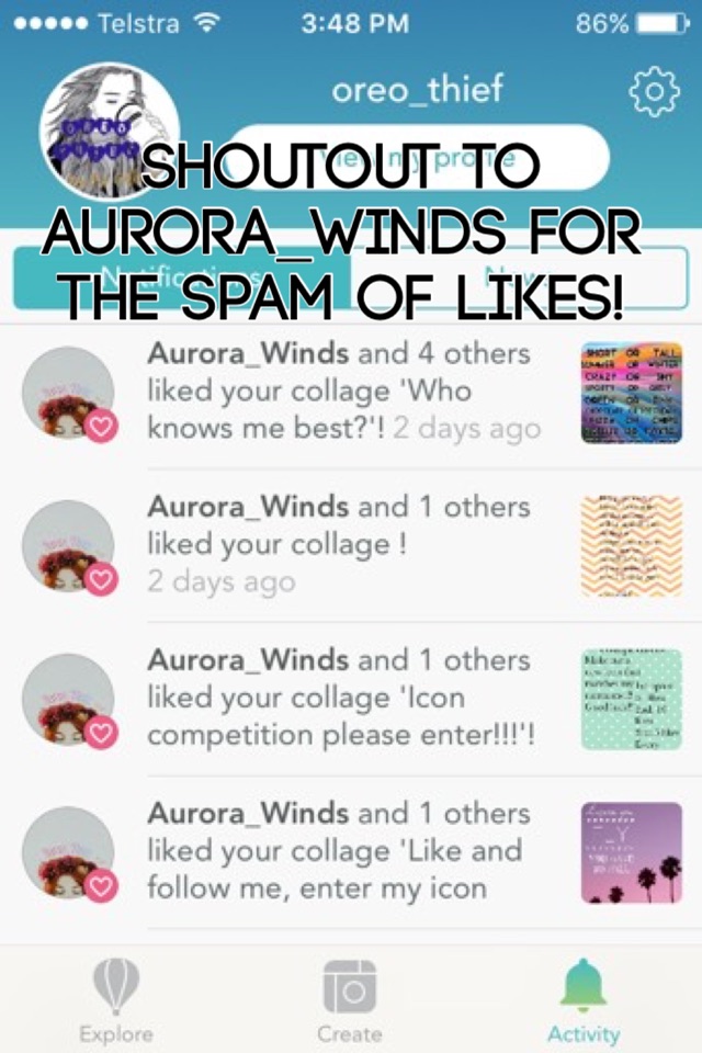Shoutout to aurora_winds for the spam of likes! Thanks so much! Spam me for a shoutout!