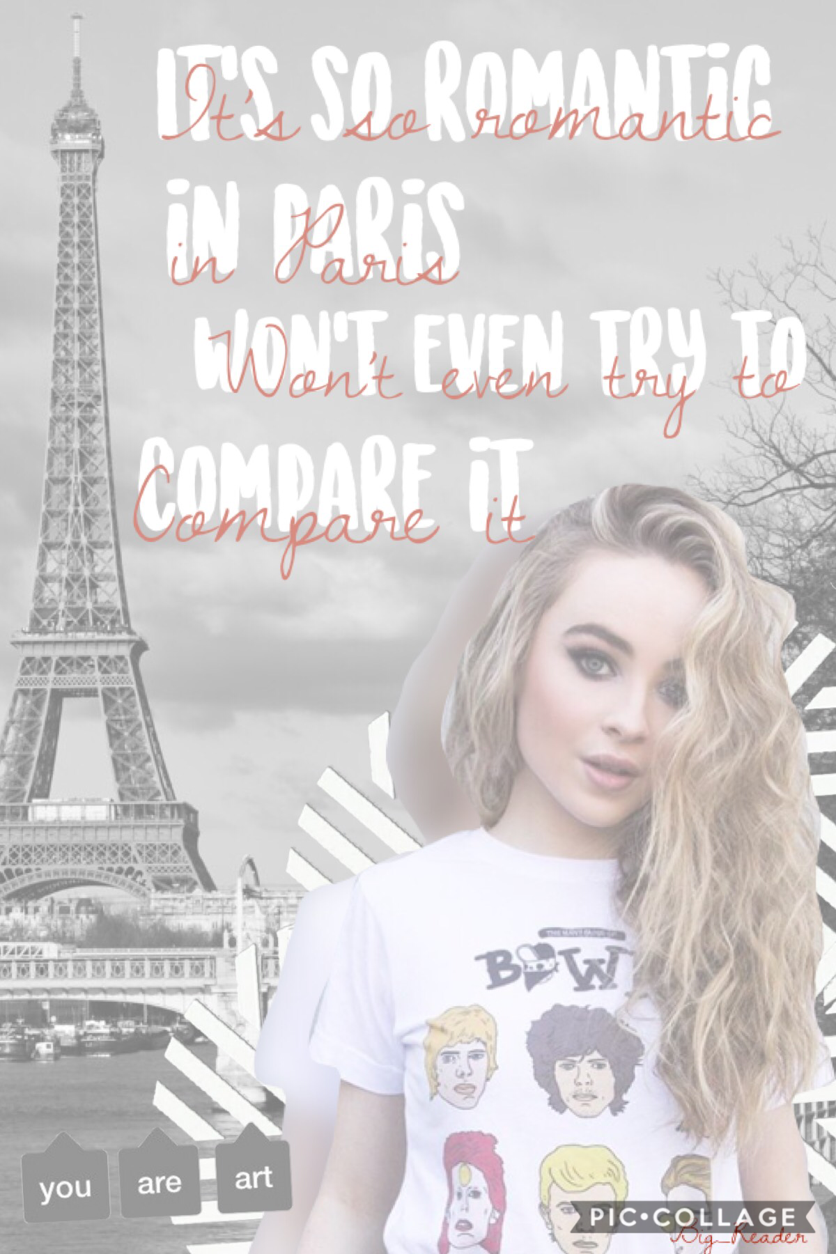 🇫🇷 “Paris” by Sabrina Carpenter  🇫🇷 
I will be doing a small theme of the amazing Sabrina Carpenter for a while...probably 6 collages😃 Don’t forget to remix your opinion in my 2K celebration form!!🥳