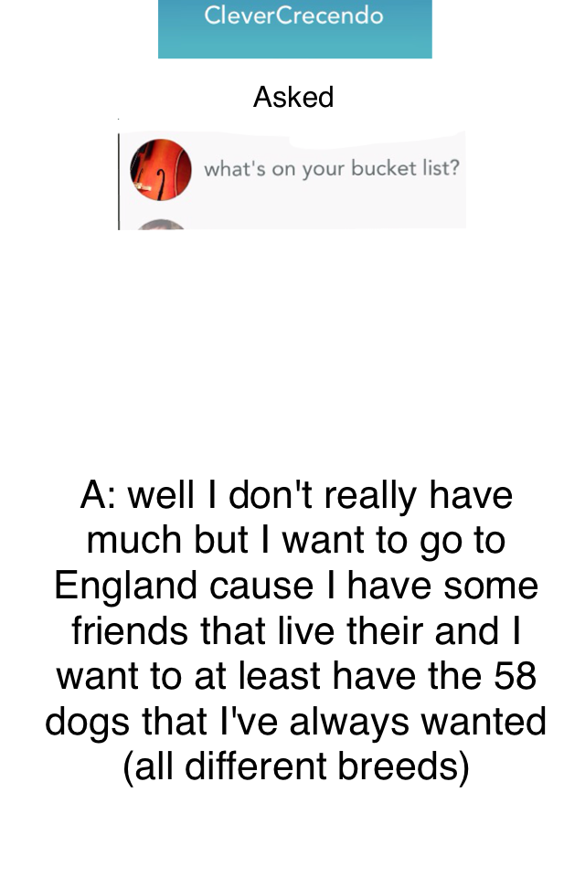 A: well I don't really have much but I want to go to England cause I have some friends that live their and I want to at least have the 58 dogs that I've always wanted (all different breeds)