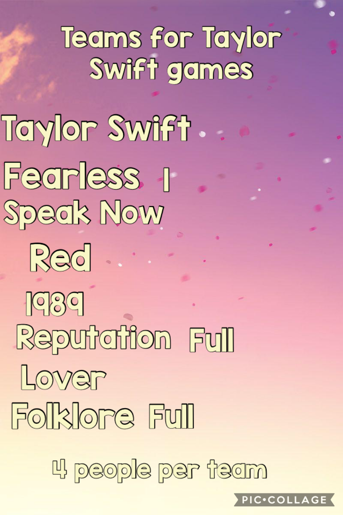 Team update for the Taylor Swift games 