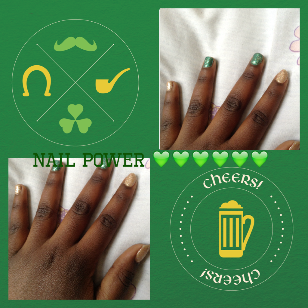 I did my nails yesterday and I didn't really think they would turn out very good like LMAF😂😂😂😂😂😂😂😂😂😂I love it and I made then green and gold cuz I just thought green and gold would  go good together and also cuz the month where in is so green 💚💚💚💚💚💚💚💚💚💚💚💚