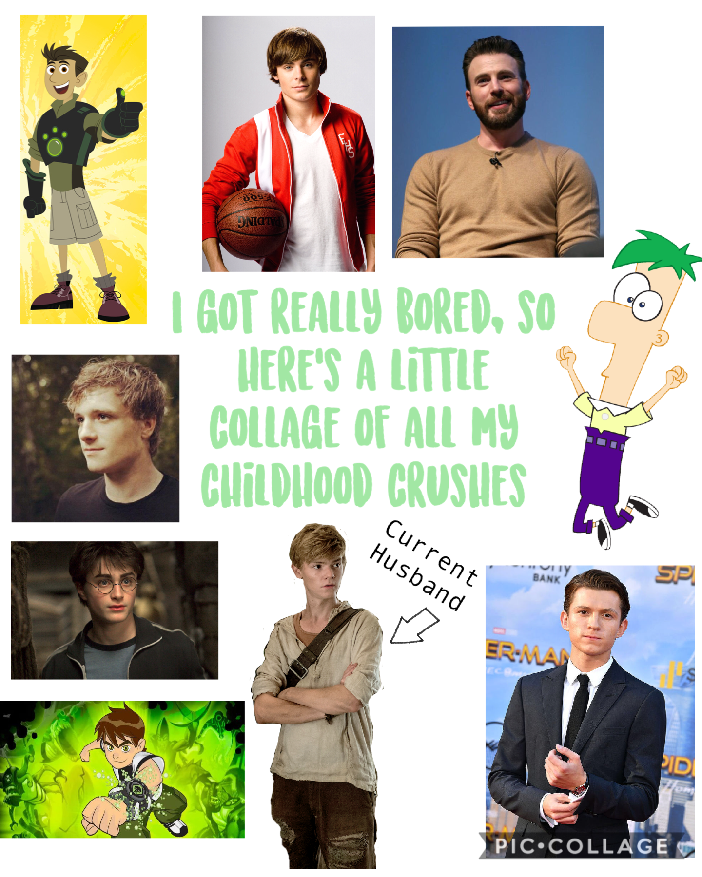 From top left corner to bottom right: Chris from Wild Kratts, Troy Bolten from HSM, Chris Evan’s (Captain America), Peeta Mellark from Hunger Games, Ferb from Phineas and Ferb, Harry Potter from the Prisoner of Azkaban, Newt from Maze Runner (my current h