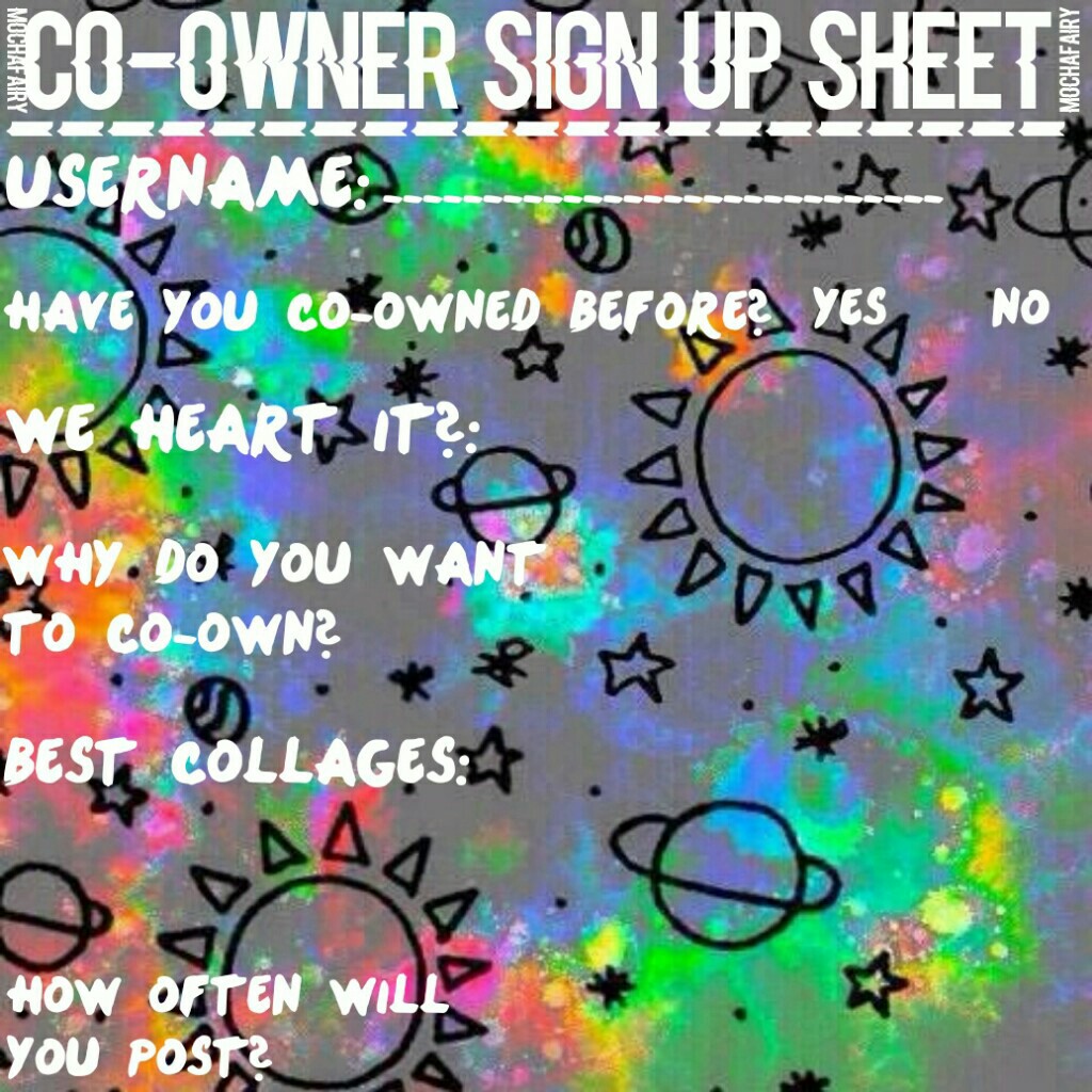 💗💙tap me💙💗

heeyyy guys, bocafranta here. this is a co-owner sign up sheet for my joint account (@mochafairy)
so, if your interested, fill it out. if you don't have we heart it, leave your instagram, or any social media you have💖 thanks💕