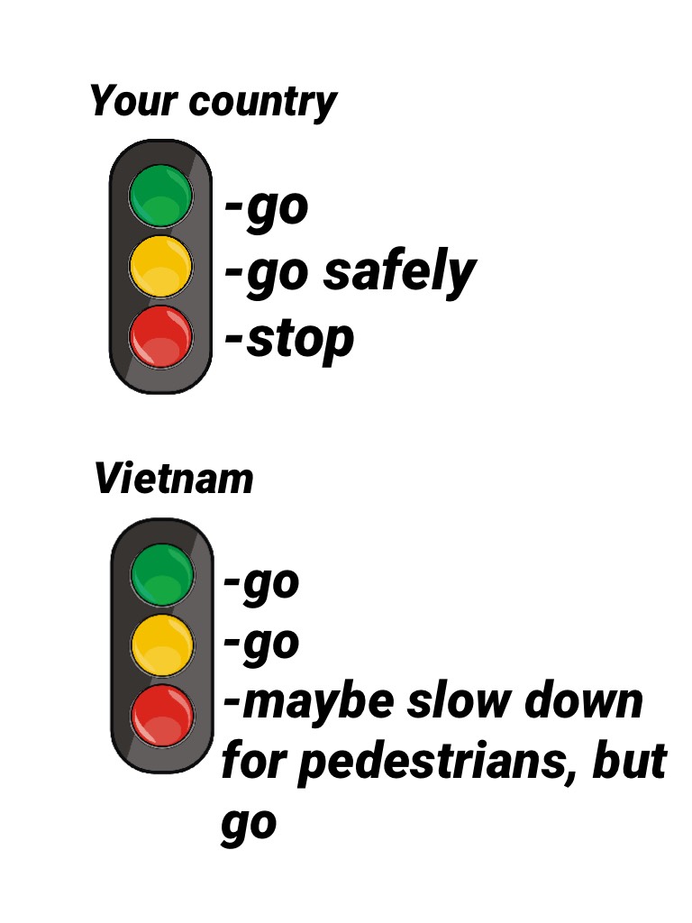 Heyo! I saw a similar post of this on ig and thought it was funny so I made my own. I don't live in Vietnam btw, but I am Vietnamese. When visiting Vietnam, I noticed to no one stops at the light, which I love haha