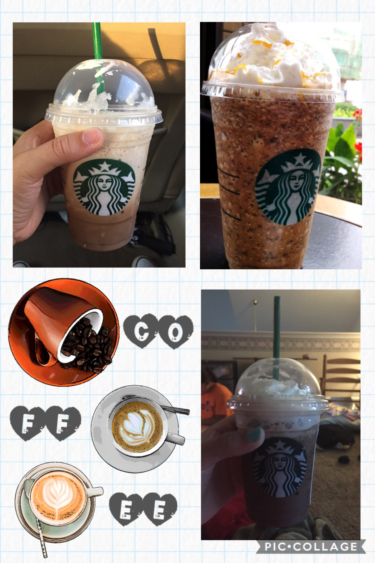 These are all pictures I took👌🏽Tap👌🏽

Upper left: Mocha Frappicino with Raspberry syrup
Upper Right: Vanilla Frappicino with chocolate syrup and peanut butter syrup🥜🍫
Bottom: Coffee Frappicino with Raspberry syrup☕️