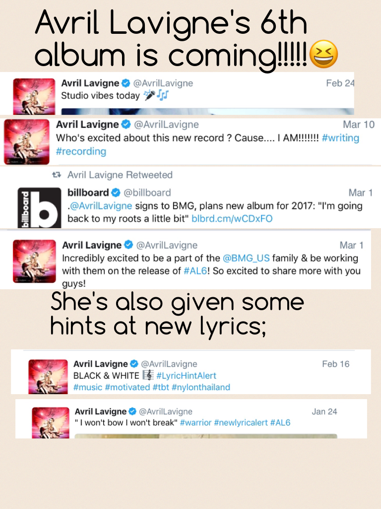 Omg.... I can't believe Avril's new album will be out soon! She's helped me so much, and she's just amazing all around! I'm seriously going to die waiting! Who's excited? #AL6