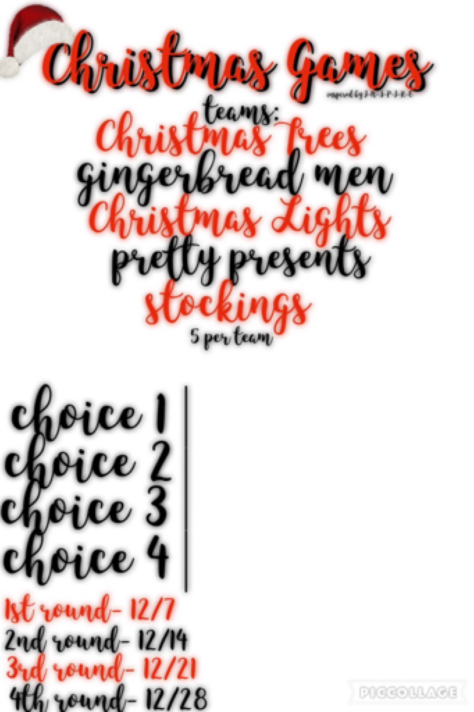 Christmas Games Click!!!

Please please enter! One team eliminated per round, I'll mini spam you if you enter!!! First person to ask for a certain team captain will get to be their teams captain!