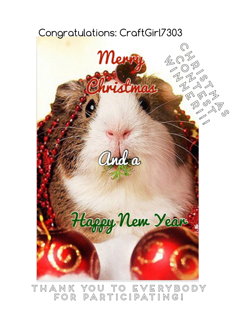 Tap here
I picked CraftGirl7303 because she had mentioned the "Merry Christmas and a Happy new Year" message, and the picture was great, and I could tell she tried:) thank you everyone else! ALL of you guys did great!😃😘