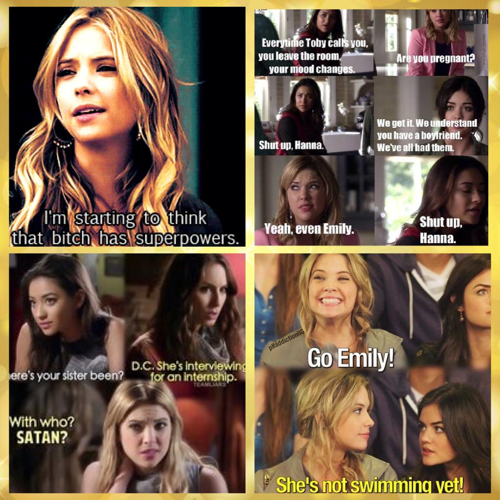 Hanna Marin! 
Hanna Emoji's: 😅😊😘😜😎😒💄👗👛🌷
Ashley Marin as Hanna Marin in Pretty Little Liars
These are Hanna's funniest moments! (There are more but I either couldn't fit them, or they were inappropriate)
I will follow the person who makes the nicest Haleb 