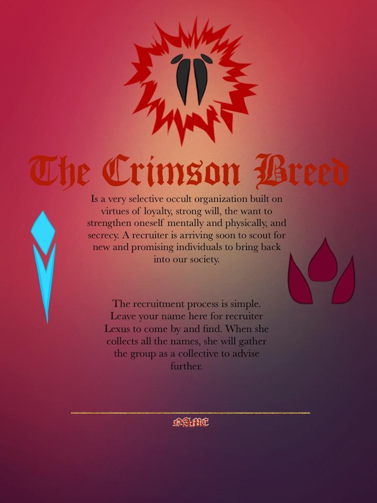 ❦ The Crimson Breed ❦
Recruitment Notice 
〜 This is going to be like a mass role play session where you can create your own character (Preexisting or not—it just has to be your own) for this organization. There are rules, but those will be explained later