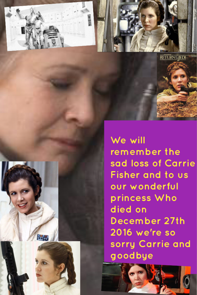 We will remember the sad loss of Carrie Fisher and to us our wonderful princess Who died on December 27th 2016 we're so sorry Carrie and goodbye 