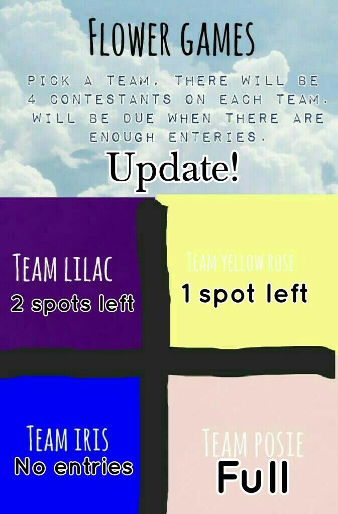 Update! Please join team iris or lilac!!  Team poise is full and one spot left in team yellow rose!