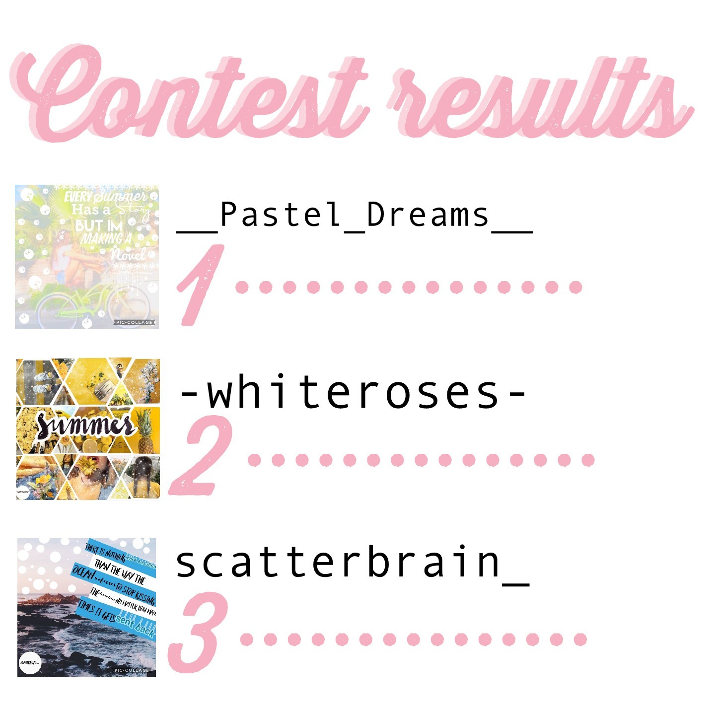 Here are the contest results! 🎉(TAP)
It was hard to choose the winners. If it could I choose everybody!! 
All the enteries are in remixes becouse a lot of people enterd without remix!