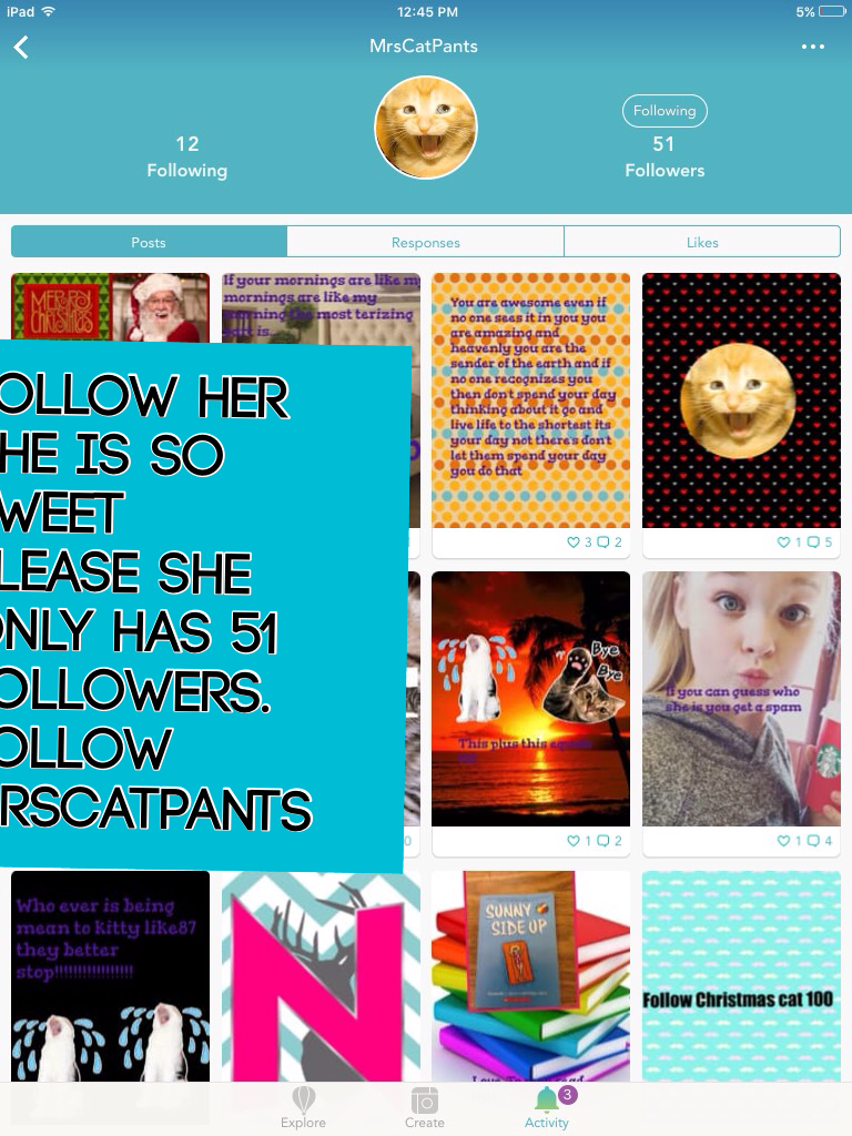 Follow her she is so sweet      Please she only has 51 followers.     Follow   MrsCatPants
