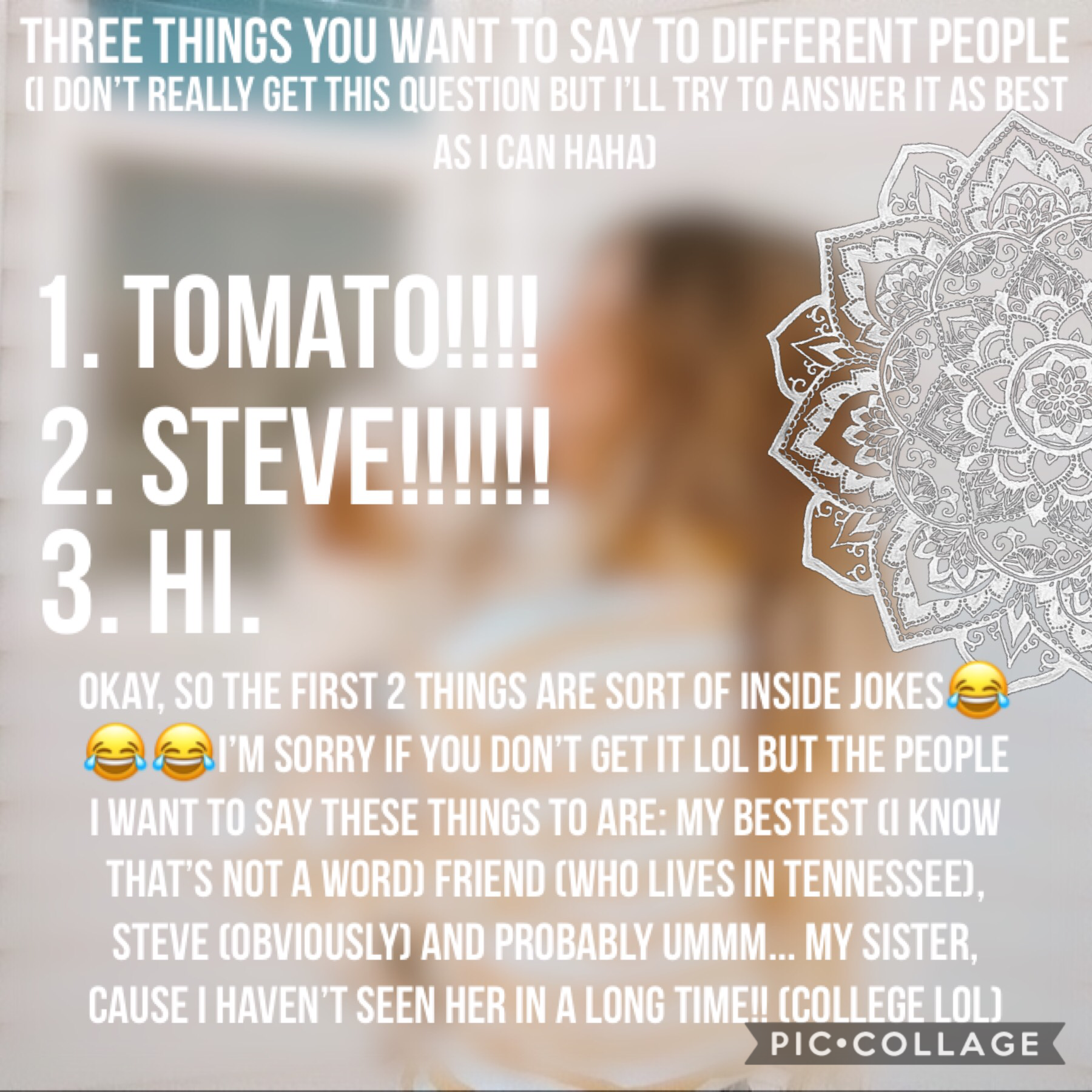 So I didn’t really get this haha😂😂but I tried to answer it as best as I could. Actually the tomato!!! thing and the Steve!!!! Thing are both memories from camp(I know that doesn’t make sense😂sry) anyway. This was rly random