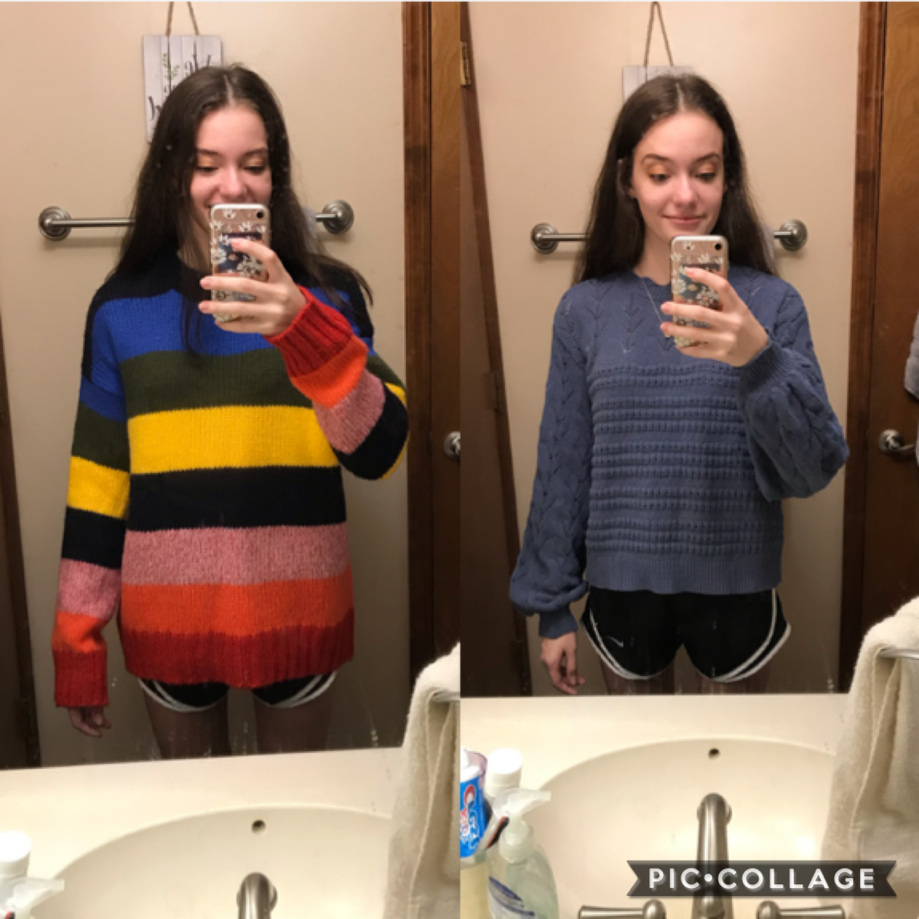look at these cute sweaters i got thrifting the other day! i also got a pair of ripped boyfriend/mom jeans. andddd i bought another pair of those ones from target but a lighter wash and they’re not ripped on the bottom. oh and these nike shorts were thrif