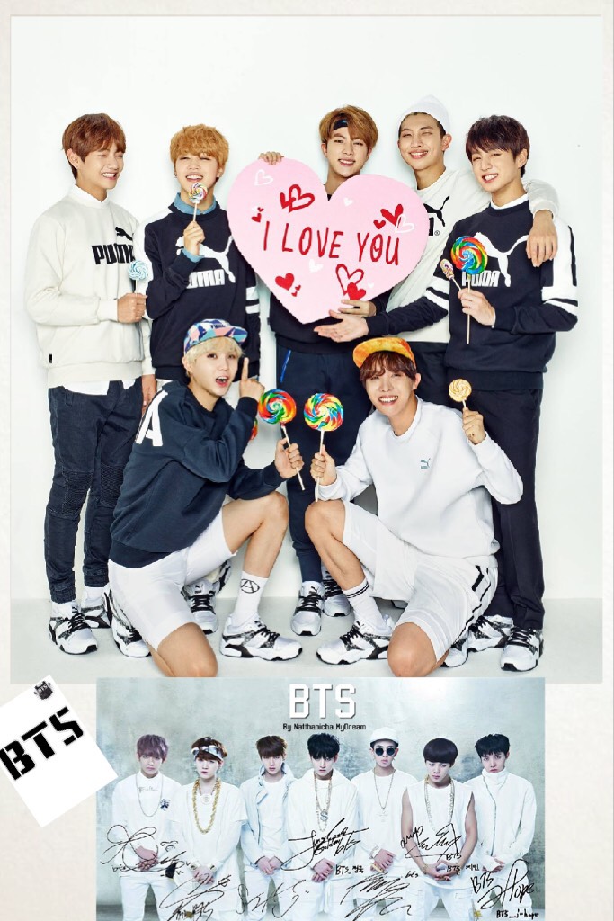 Bts picture saying I love you and bts picture with signature 