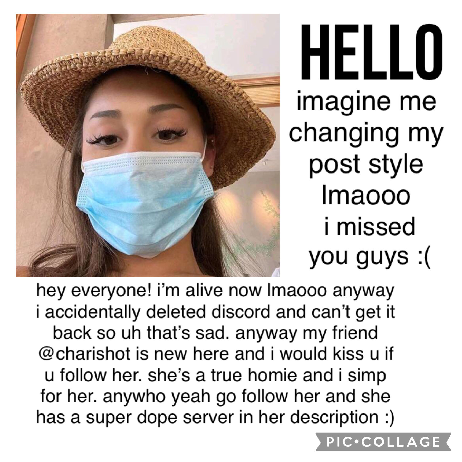 her name is @charishot (tap)
tell me how you’ve been! mostly been on discord but now i can’t bc my dumb🅰️ss deleted it 
anyway talk to me and follow char