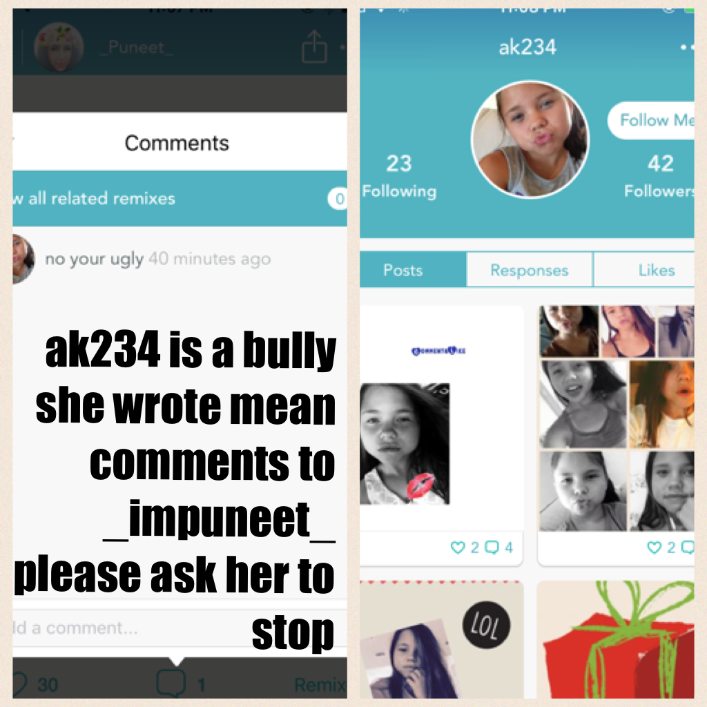 ak234 is a bully she wrote mean comments to _impuneet_ please ask her to stop