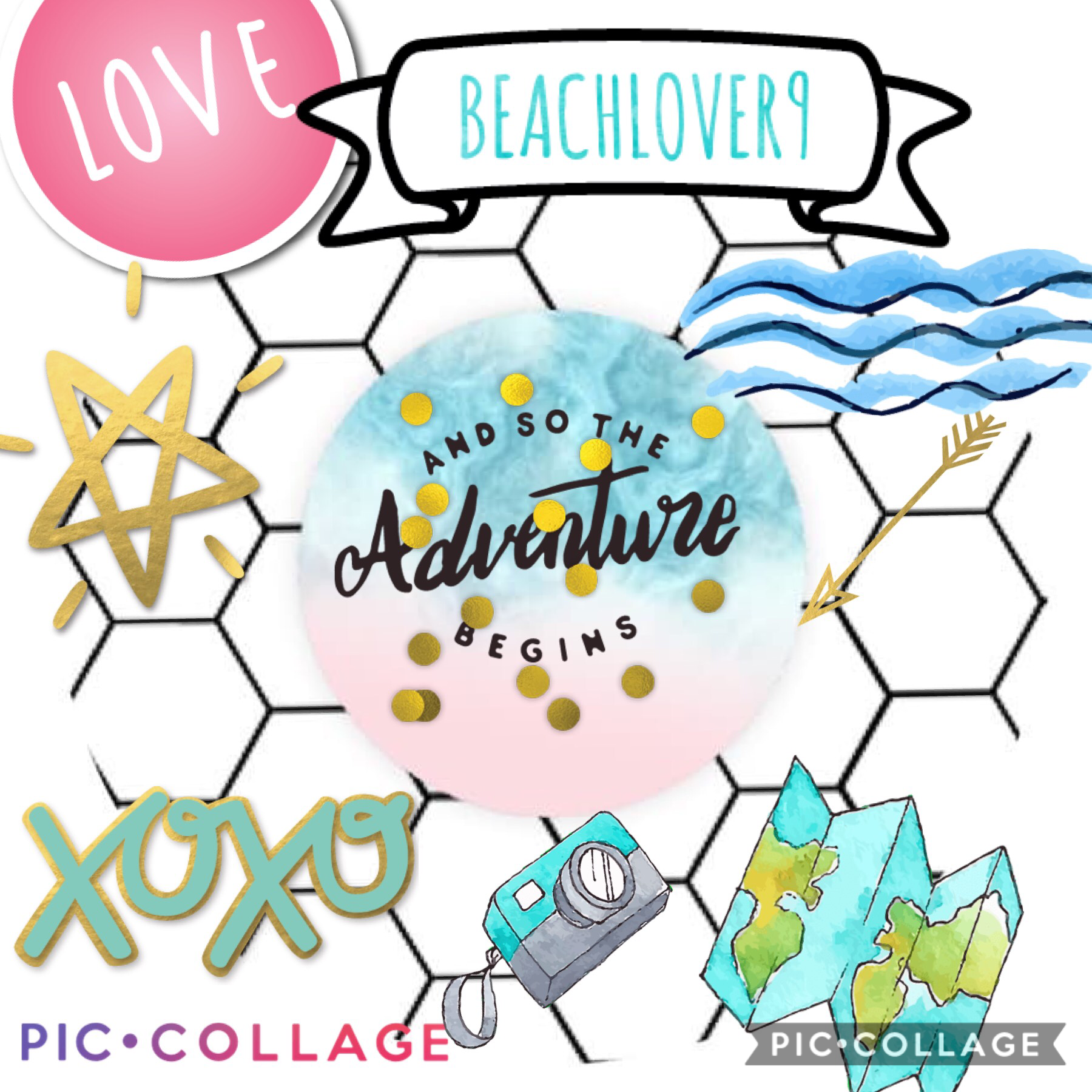 “And so the adventure begins” #adventure #love #xoxo #camera #map #star #wave #beachlover9 #pic collage #hexagon