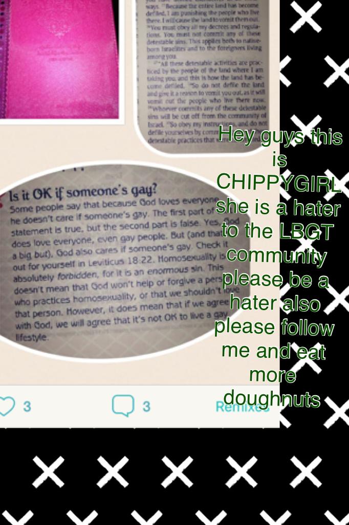 Hey guys this is CHIPPYGIRL she is a hater to the LBGT community please be a hater also please follow me and eat more doughnuts!!!